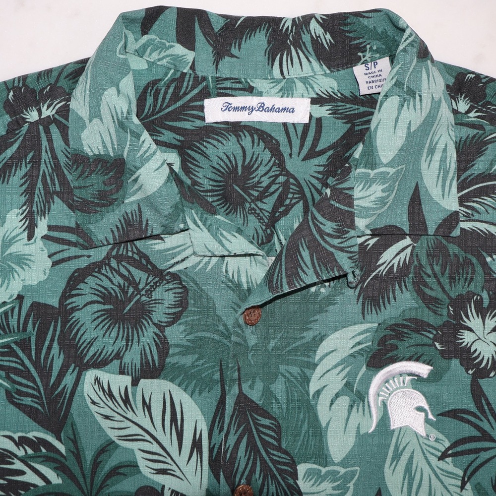 Tommy Bahama Michigan State Spartans Silk Hawaiian Shirt Mens Small Green Floral